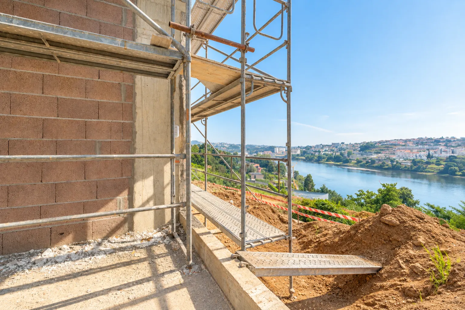 Vista do terraço de um T2 de gaveto, 1º andar, em construção, agosto de 2026