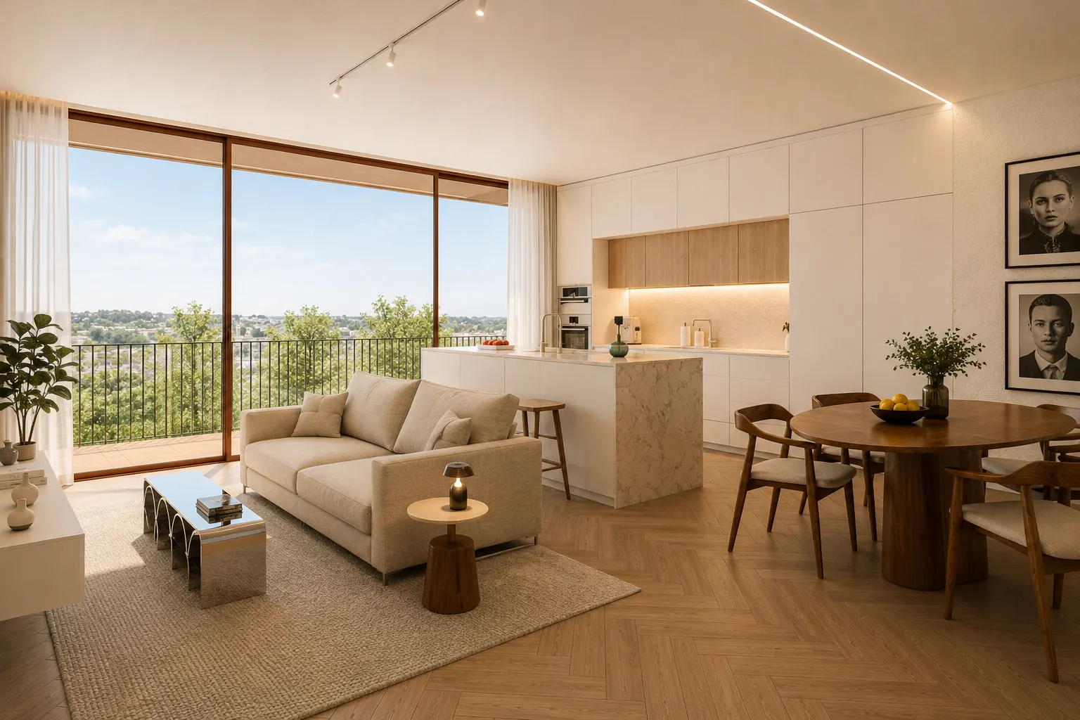 Sala e cozinha com ilha de um T2, de dia