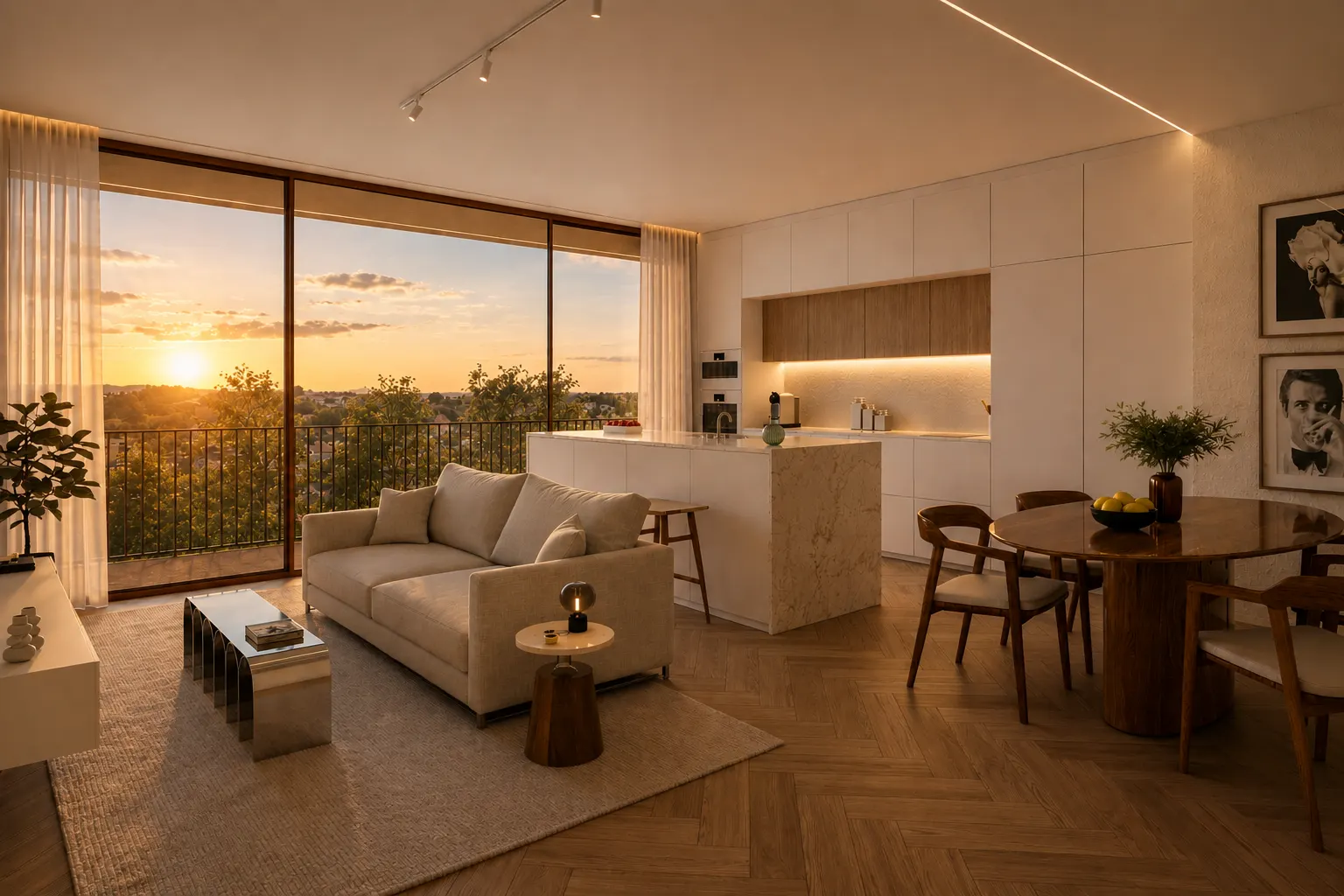 Sala e cozinha com ilha de um T2, ao fim da tarde