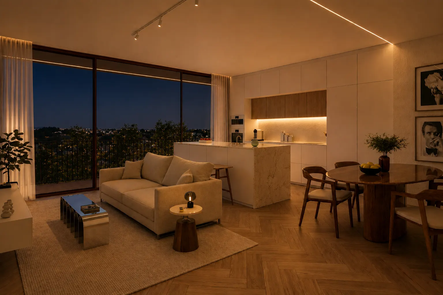 Sala e cozinha com ilha de um T2, à noite