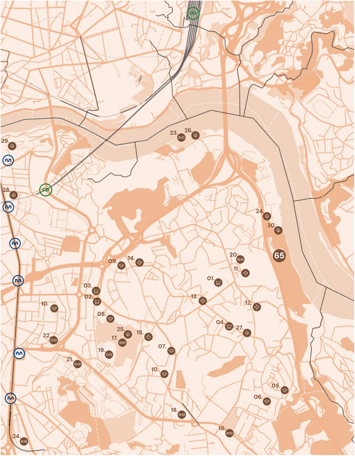 Mapa dos serviços, comércio e lazer na envolvente próxima do Douro 65