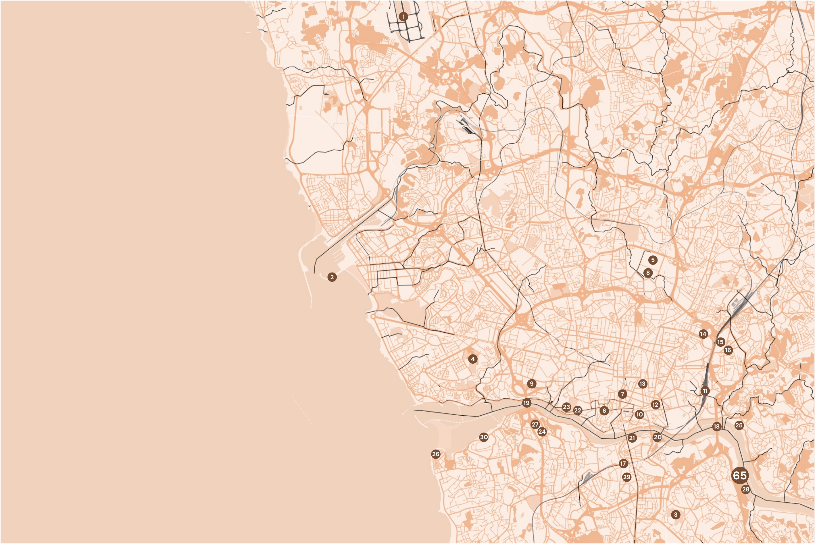 Mapa da envolvente urbana do Douro 65 no Porto e Vila Nova de Gaia